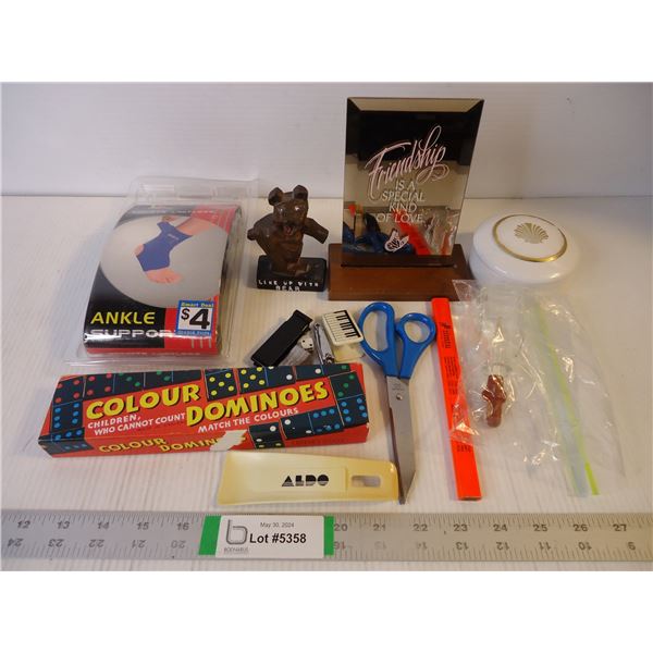 Lot of Assorted Misc. items as pictured including ankle support, Ornaments, Dominos and more