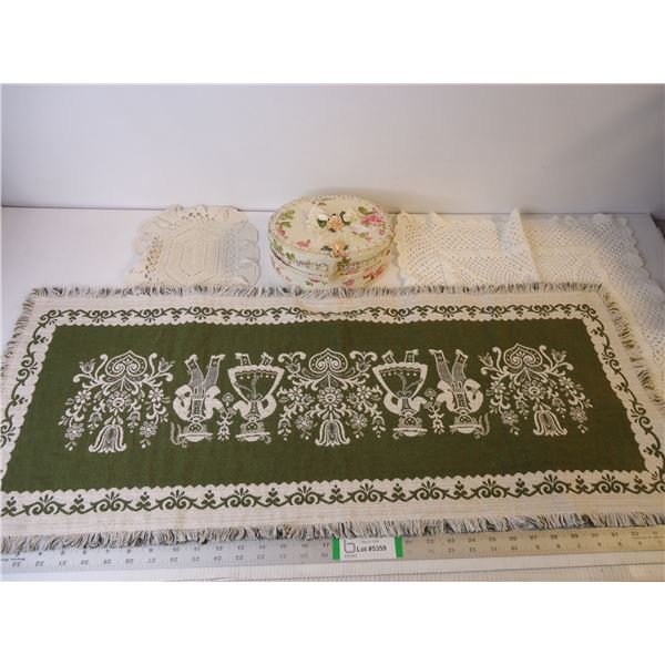 Vintage Tapestry Table Runner, Doilies, and Oval Jewelry Box