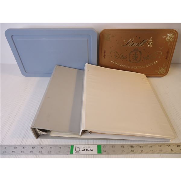 (2) Binders, Rubbermaid Container and Lindt Chocolate Tin (empty)