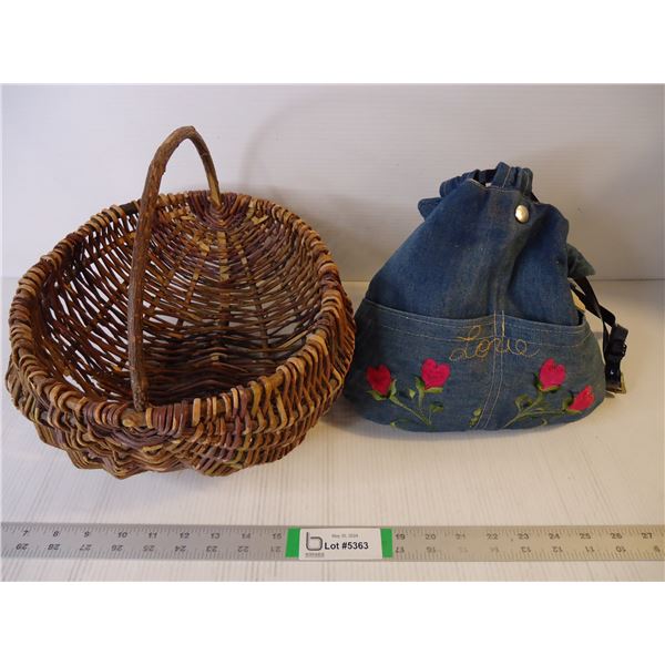 Woven Basket and Denim Bag full of Clothes Pins