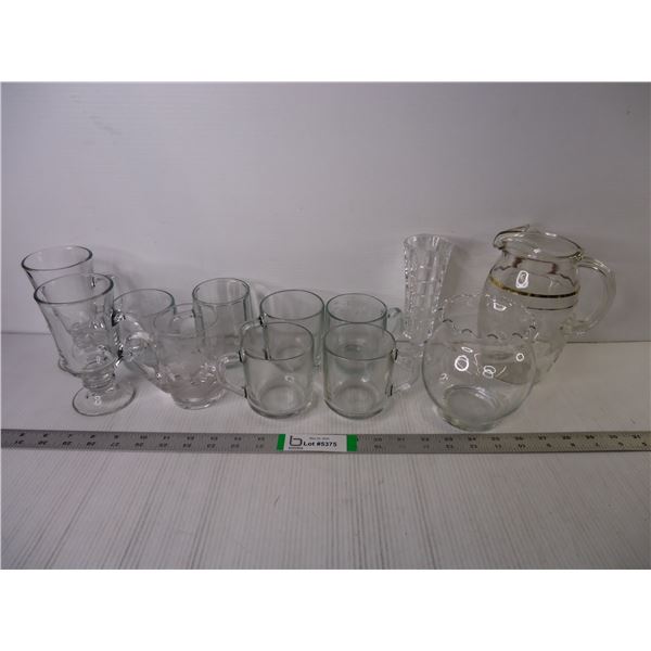 (12) Pieces of Glassware-Mugs, Pitcher, Vases
