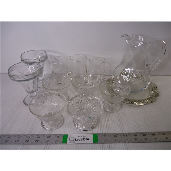 (12) Pieces of Glassware-Pitcher, Glasses, Parfait Cups and Tray