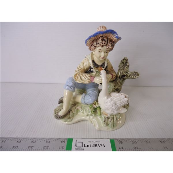 Boy Ornament with Swan Porcelain Figure-Made in Japan