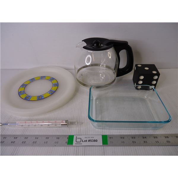 Candy Thermometer, Carafe,(3) Plastic Plates, Pyrex Dish and One Dice