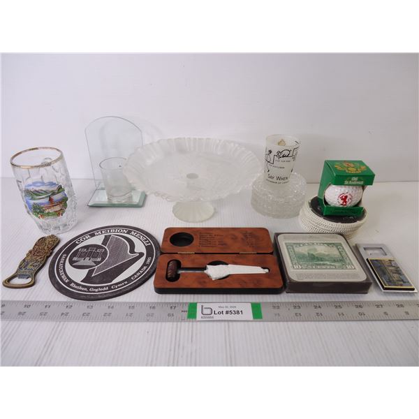 Small Pedestal Glass Tray,(5) Clear Cup Plates, Coasters and other Barware