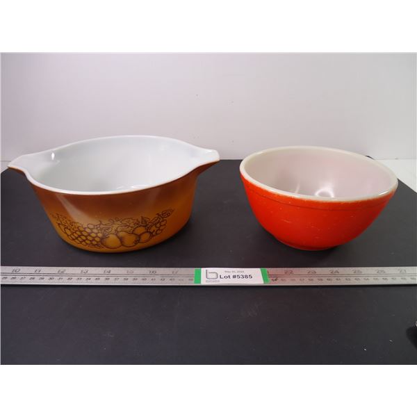Vintage Pyrex Butterscotch Old Orchard Casserole Dish (no lid) and Pyrex Red Primary Color Mixing Bo