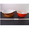 Image 1 : Vintage Pyrex Butterscotch Old Orchard Casserole Dish (no lid) and Pyrex Red Primary Color Mixing Bo