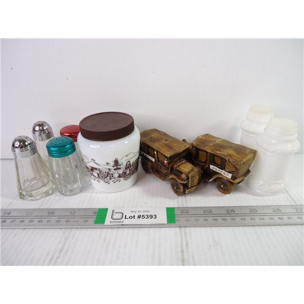 (4) Sets of Salt/Peppers and Small Milk Glass Jar