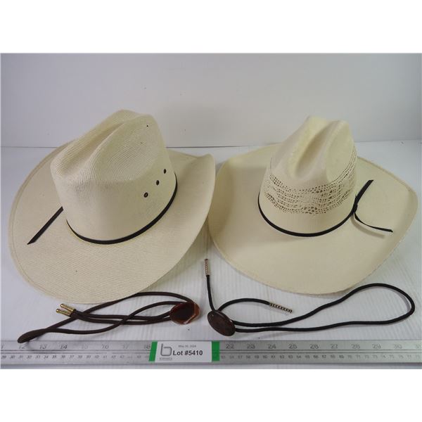 (2) Cowboy Straw Hats-Laredo (Size 7) and Eddy (Size XL)and (2) Bolo Ties