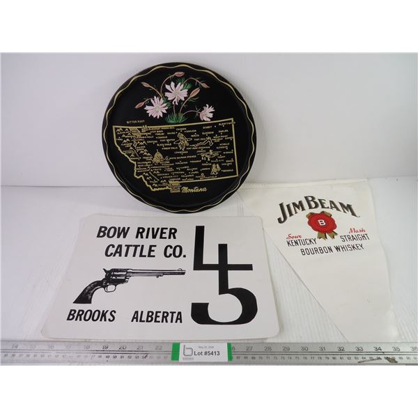 Montana Souvenir Plate, Brooks Alberta Advertising Piece and Jim Beam Banner