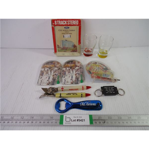 Saskatchewan Advertising Bottle Openers,(3) Toy Pinball Games,(2) Shot Glasses and 8-Track