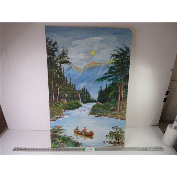 Folk Art Painting on Panel Board-J.E. Friesen 1990- 19.5"x30" tall