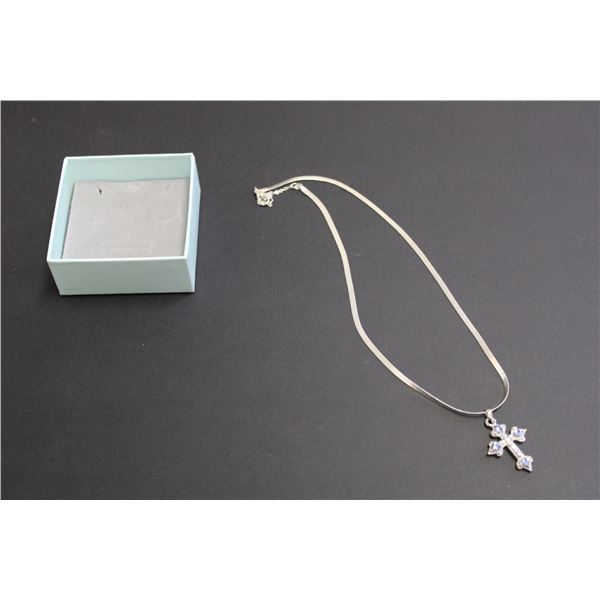 Blue Aurora Cross Pendant on Silver necklace-18"