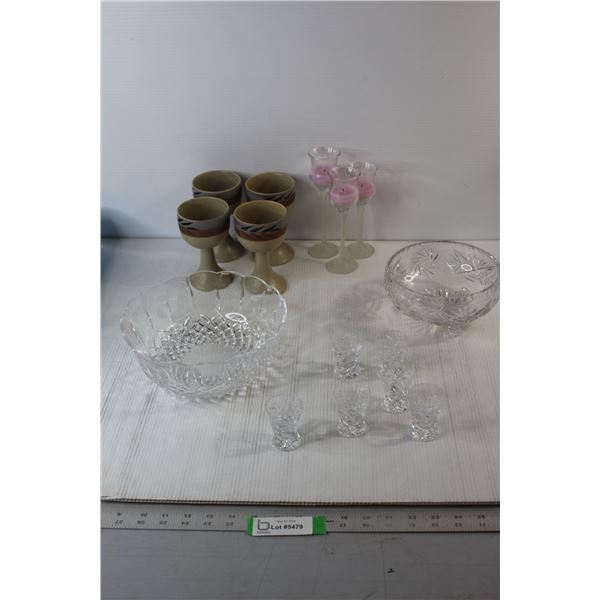 (4) Pottery Goblets, (3) Candle Holders, (2) Crystal Bowls, (6) Crystal Shot Glasses