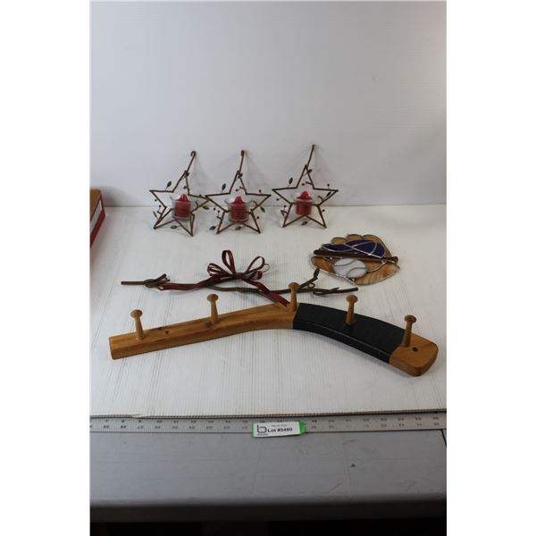 (3) Decorative Star Candle Holders, Hanging Decor, Hockey Stick Hanger
