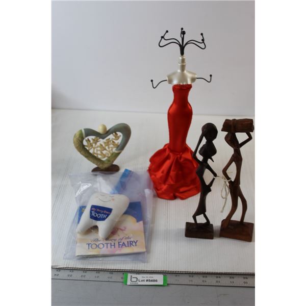 15"H Jewelry Holder, (2) Wood Carving Statues, Misc.