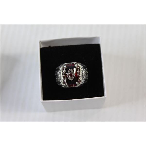 Silvers Men's Ring with Red Coloured Stone - Size 10