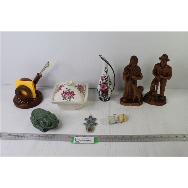 Carved Wooden Statues (old man & lady) - Pottery Dish w/Lid - Sm Pitcher Vase - Wooden Pen Holder w/
