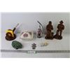 Image 1 : Carved Wooden Statues (old man & lady) - Pottery Dish w/Lid - Sm Pitcher Vase - Wooden Pen Holder w/