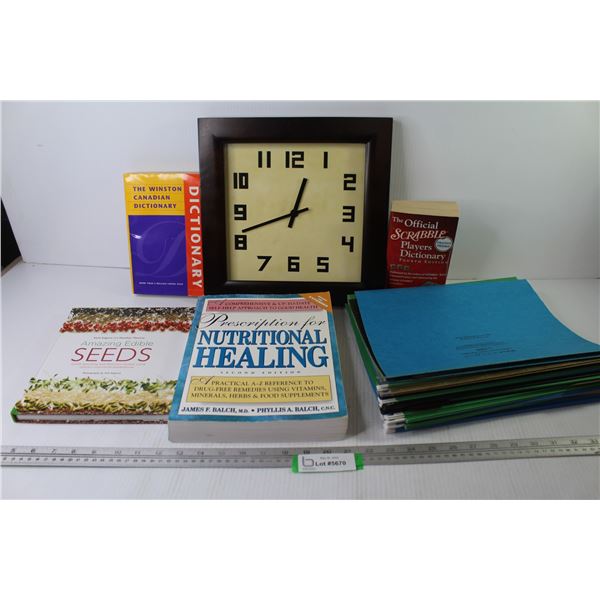 Framed Clock - File Folders - (4) Books - Nutritional Healing - Edible Seeds - Scrabble Dictionary -