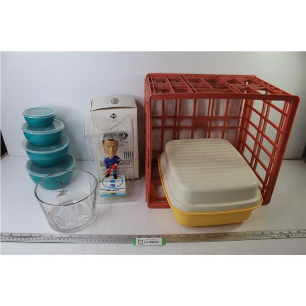 Red Plastic Crate - Tupperware Container - NHL Eric Lindros Bobble Head - Set of 4 Bowls w/Lids - Gl