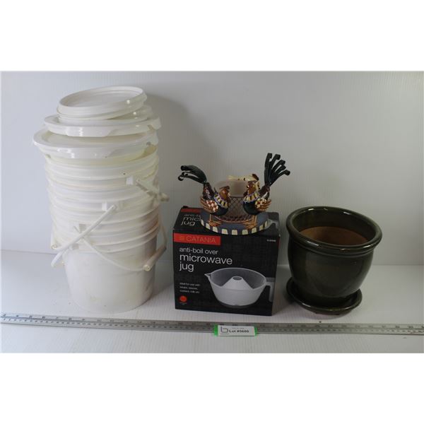 Plastic Pails - Metal Roosters Candle Holder - Ceramic Plant Pot - Anti Boil Over Microwave Jug
