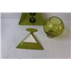 Image 2 : (3) 2 - Ceramic Triangular Appie Servers & Olive Green Glass Rose Bowl