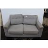 Image 1 : **Light Grey Fabric Loveseat - 32" x 40" x 59" L, Some Wear, Some Stains