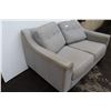 Image 2 : **Light Grey Fabric Loveseat - 32" x 40" x 59" L, Some Wear, Some Stains