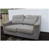 Image 3 : **Light Grey Fabric Loveseat - 32" x 40" x 59" L, Some Wear, Some Stains