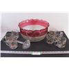 Glass Punch Bowl w/ (7) Christmas Mugs & Serving Spoon