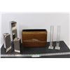 Image 1 : (3) Tealight Candleholders, Pair of Single Flower Vases, Large Rectangle Brown Vase