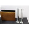 Image 3 : (3) Tealight Candleholders, Pair of Single Flower Vases, Large Rectangle Brown Vase