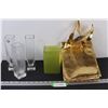 (3) Glass Vases, (1) Green Vase, (1) Reuseable Shopping Bag