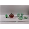 Image 1 : Footed Rose Colored Glass Candy Dish w/Lid, Small Green Glass Vase & (7 pcs) Avon Blue Milk Glass Di