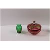 Image 2 : Footed Rose Colored Glass Candy Dish w/Lid, Small Green Glass Vase & (7 pcs) Avon Blue Milk Glass Di