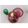 Image 3 : Footed Rose Colored Glass Candy Dish w/Lid, Small Green Glass Vase & (7 pcs) Avon Blue Milk Glass Di