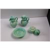 Image 4 : Footed Rose Colored Glass Candy Dish w/Lid, Small Green Glass Vase & (7 pcs) Avon Blue Milk Glass Di