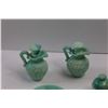 Image 6 : Footed Rose Colored Glass Candy Dish w/Lid, Small Green Glass Vase & (7 pcs) Avon Blue Milk Glass Di