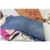 Image 3 : *Dakota Jeans (size 36" x 28") -Brass Candle Holder - Assorted Cloth Bags - Foot Prints Wall Hanging