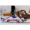 Image 1 : Lot of: Plastic Utensils in Wicker Basket, Baseball Apron, (4) Reuseable Bags, Office Organizers