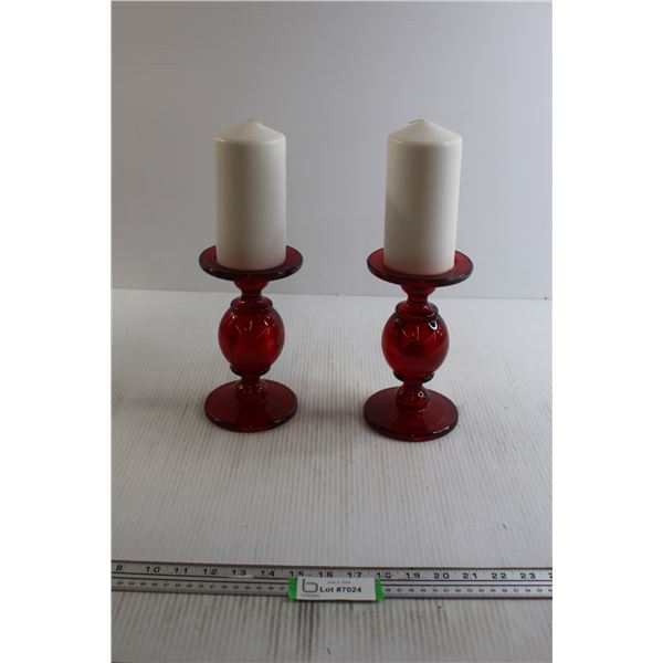 (2) Red Candleholders with Candles