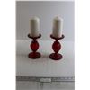 Image 1 : (2) Red Candleholders with Candles