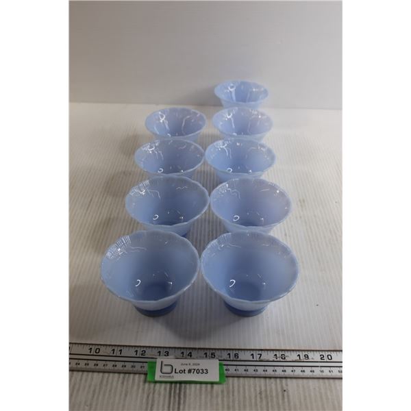 (9) Pyrex Blue Delphite Pie Crust Footed Custard Dishes