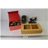 Image 1 : Essential Oils & Herbs - Green Tweed Glass Jar - Eagle Ornament - Wooden Box Photo Holder