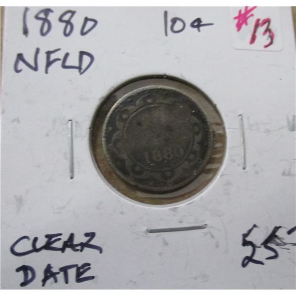 1880 VICTORIAN NEWFOUNDLAND SILVER 10 CENT COIN