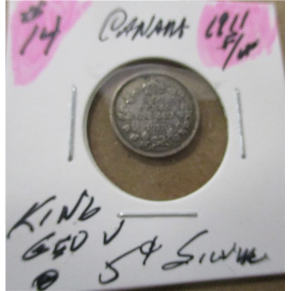 1911 FINE CANADA KING GEORGE V SILVER FIVE CENT COIN
