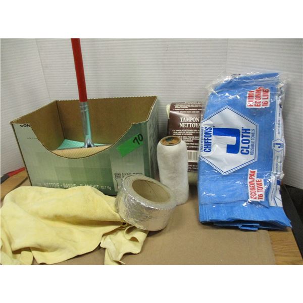 ESTATE:  BOX C/W CHAMOIS, CLEANING CLOTHS, ETC