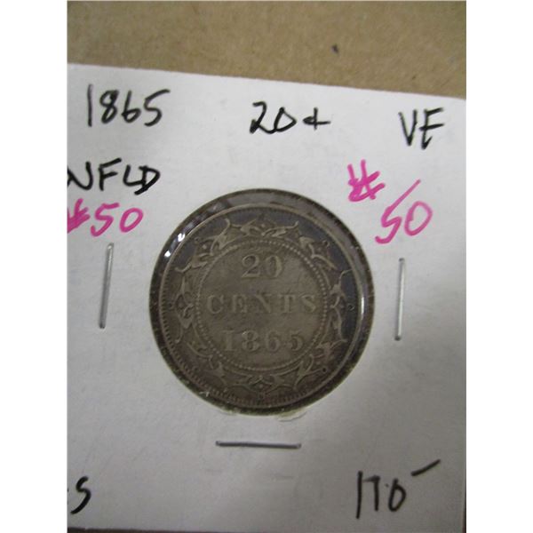 1865 VICTORIAN NEWFOUNDLAND SILVER 20 CENT COIN