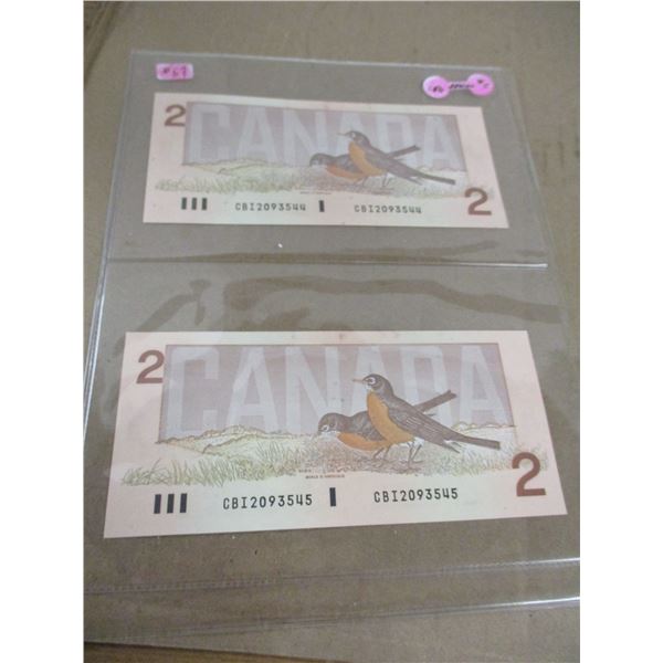 1986 LAST OF CANADA $2 BILLS (2 SEQUENTIAL SERIAL NUMBERS)